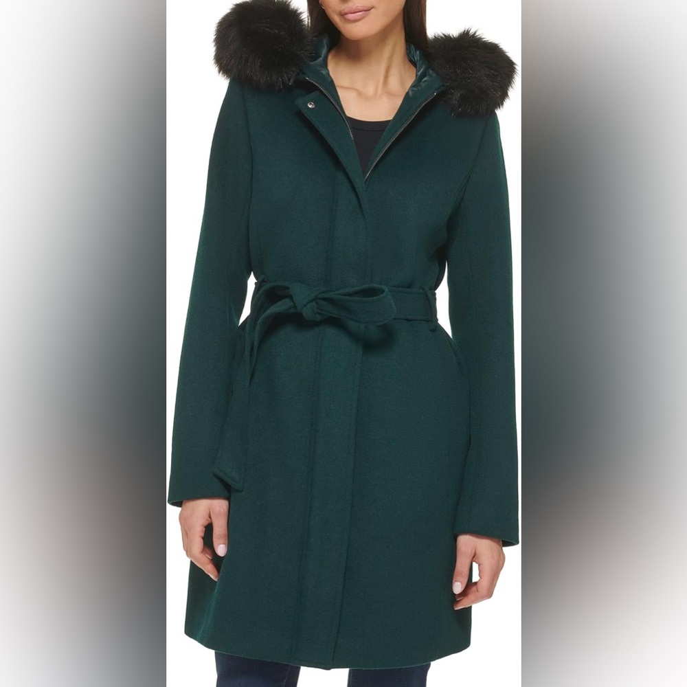 Cole Haan Belted Wool Coat With Faux Fur Trimmed Hood in Green Size 8 New